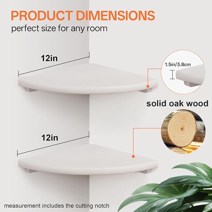 Gieanoo Floating Corner Shelves Set 2 12inch White Solid Oak Rounded Corner - Image 3