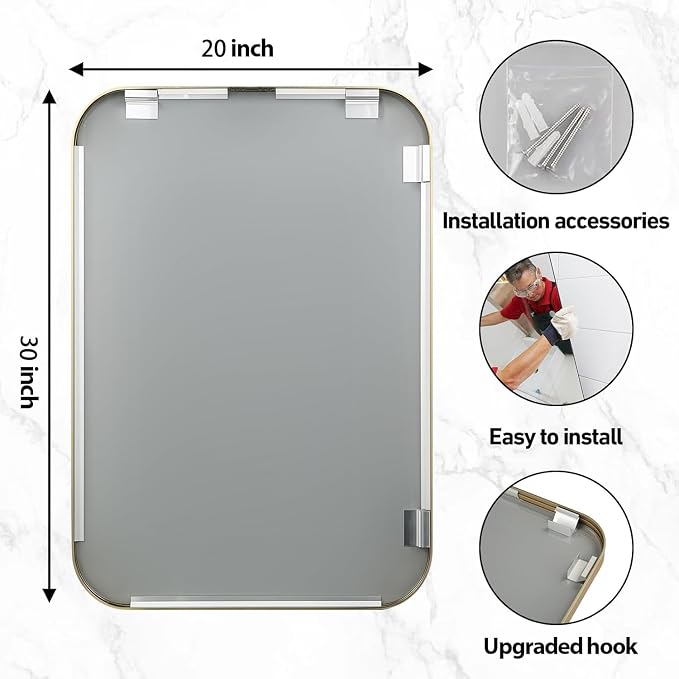 20x30 Inch Gold Bathroom Mirror, Brushed Gold Metal Framed Rectangular Mirror - Image 5