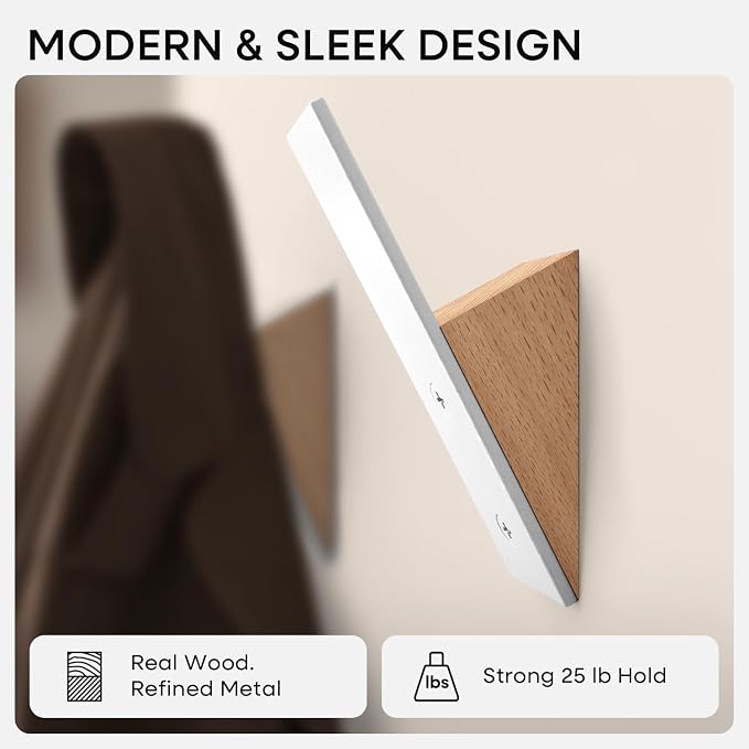 Homeforia Beech Wood Coat Hooks, High End Beech Wood & White Metal Wall Mounted - Image 3