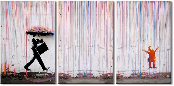 Wieco Art 3 Piece Banksy Famous Canvas Paintings Wall Art Raining day Modern - Image 7