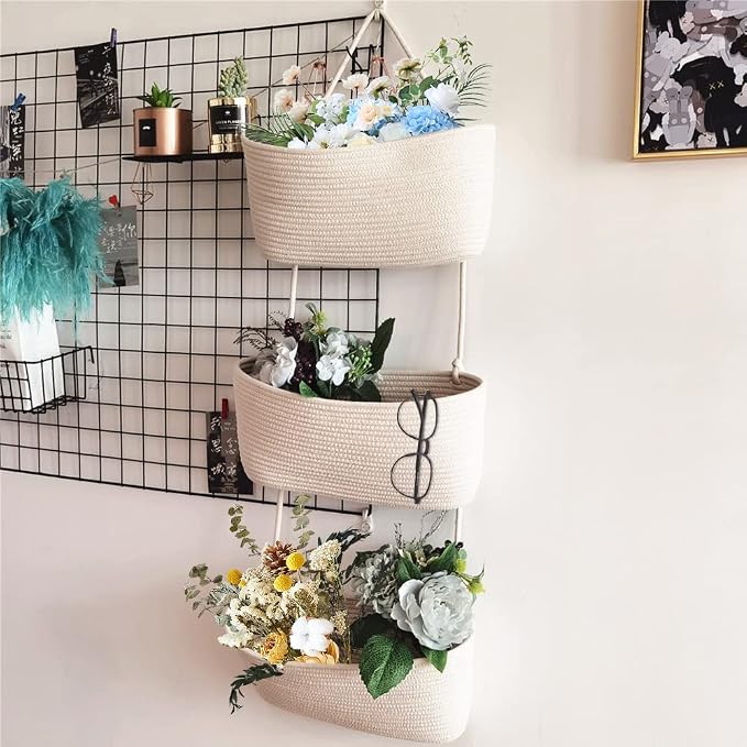 TeoKJ Over the Door Hanging Basket, 3-Tier Woven Cotton Wall-Mounted Storage - Image 4