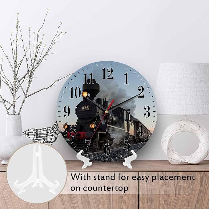 Mxocom Morning Train Wall Clock Old Steam Train Smoke Rairoad Sunrise 10 Inch - Image 3