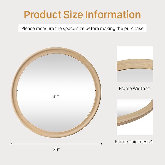 CULER Round Wall Mirrors 36 Inch, Natural Rustic Decorative Transitional Mirror - Image 7