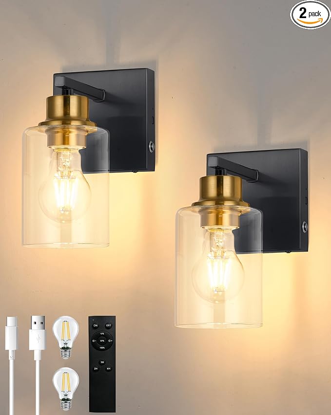 Battery Operated Wall Sconce Set of 2, Easy Install Dimmable Wireless Wall Lamps by Rayogale