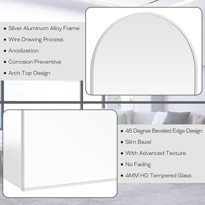 30" x 40" Silver Arched Mirror, Large Arch Bathroom Vanity and Wall Decor Mirror - Image 2