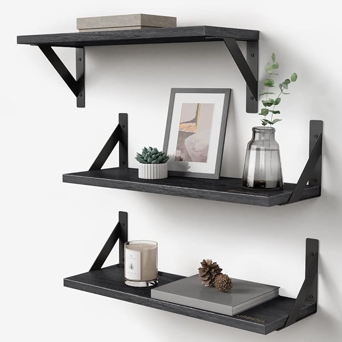 Forbena Black Floating Shelves Bathroom Set of 3, Wooden Wall Book Shelves by Forbena