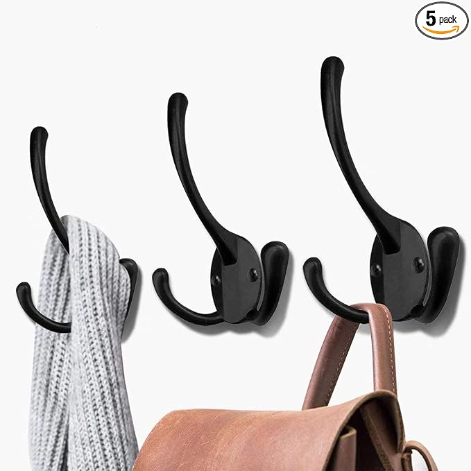 Wall Mounted Coat Hooks 5 Pack Heavy Duty Black Hardware Robe Hooks Decorative by HADWER