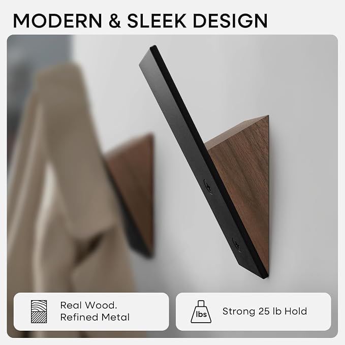 Homeforia Walnut Wood Coat Hooks, High End Walnut Wood & Black Metal Wall - Image 3