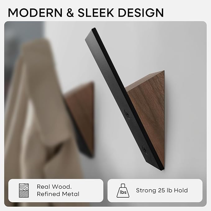 Homeforia Walnut Wood Coat Hooks, High End Walnut Wood & Black Metal Wall - Image 3