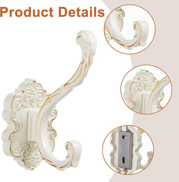 Zonon 4 Pcs White Wall Hooks Set Vintage Coat & Towel Hooks - Image 3