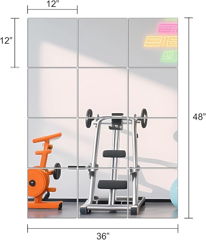 Ruomeng Home Gym Mirrors 12 Inch x 12Pcs Wall Mounted Mirror Glass Frameless - Image 3