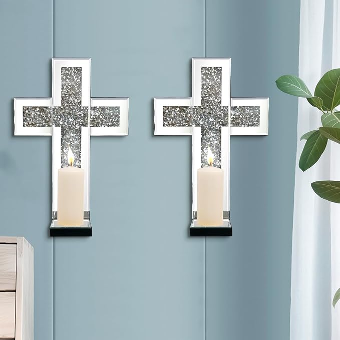 Aeveco Crystal Crush Diamond Mirrored Candle Sconces, Wall Decoration - Image 5