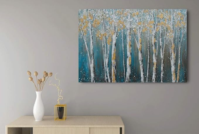 Yihui Arts Canvas Wall Art White Grey Birch Trees Branches Painting Gold Foil - Image 4