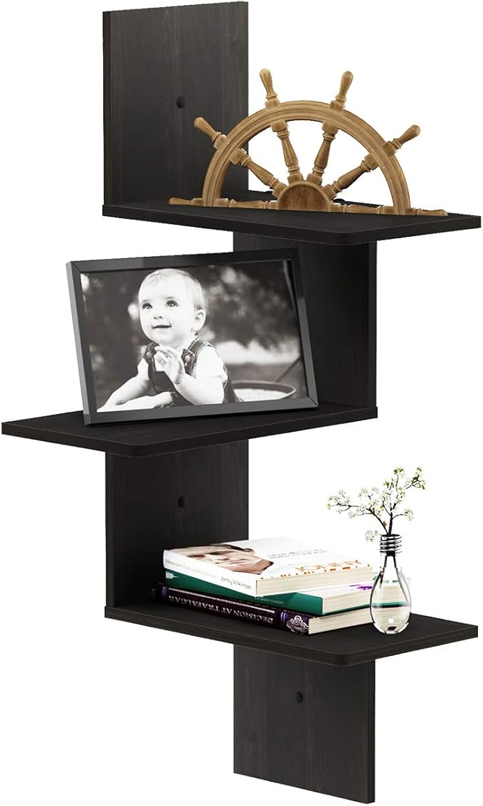 Furinno Rossi Wall Mounted Shelves, 3-Tier Rectangle, Espresso/Black by Furinno-FitsYourSpaceFitsYourBudget