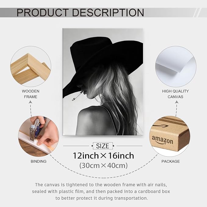 FuSatisYilife Trendy Black And White Framed Wall Art Cool Western Woman Smoking - Image 2