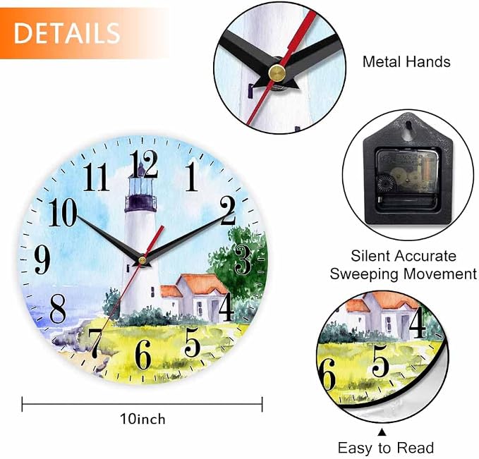 Mxocom Watercolor Lighthouse Wall Clock Building Green Hill Blue Skies House - Image 2