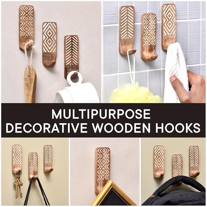 IndianShelf 10 LB- 6 Pieces Decorative Wood Adhesive Wall Hooks–Boho Peel and - Image 5