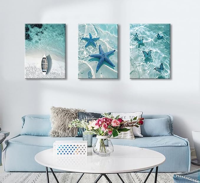 Ocean Wall Art Beach Canvas Print Starfish Shell on Teal Board Paintings - Image 6
