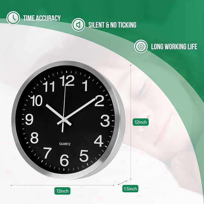 Wall Clock 12 Inch Metal Finish Silent Non Ticking Indoor Clock Round Battery - Image 3