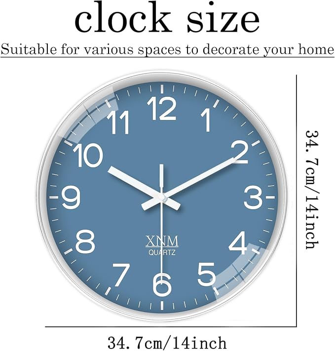 XNM 14 Inch Blue Minimalist Wall Clocks Battery Operated Analog Clock Decorative - Image 3