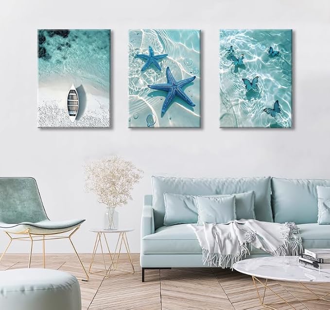 weiyiart Blue Ocean Canvas Wall Art Coastal Starfish Painting Prints Beach - Image 2