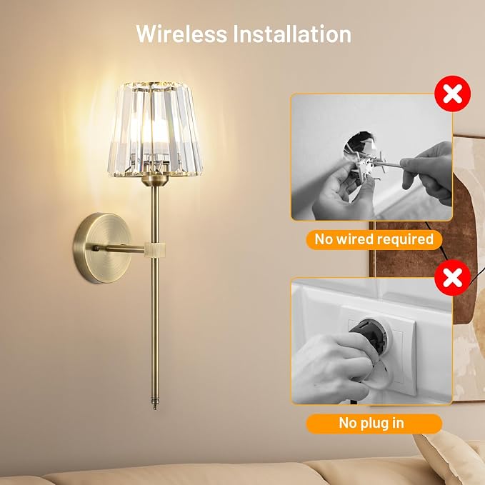 Crystal Battery Operated Wall Sconces Set of 2, Brass Rechargeable Wireless - Image 6