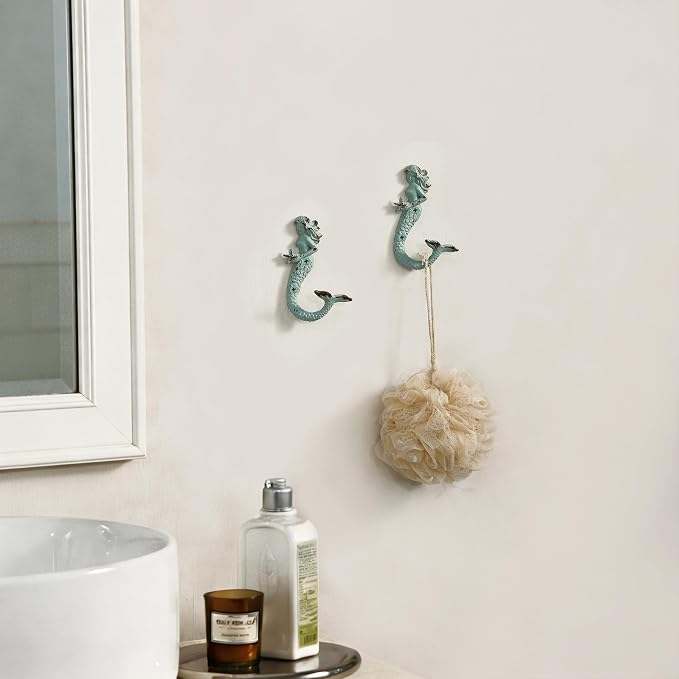 SOFFEE DESIGN 2PCS Green Mermaid Side Profile Hooks, Beach Themed Towel Hangers - Image 2