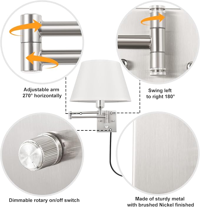 TRLIFE Dimmable Wall Sconce Plug in, Brushed Nickel Wall Sconces Set of Two - Image 2