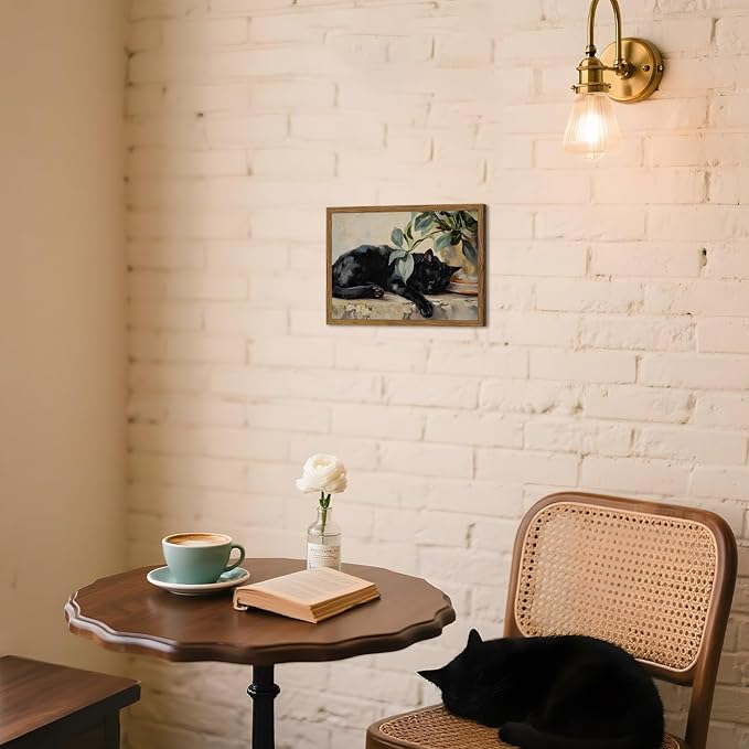 Framed Black Cat Canvas Wall Art, Vintage Sleeping Cat - Image 7