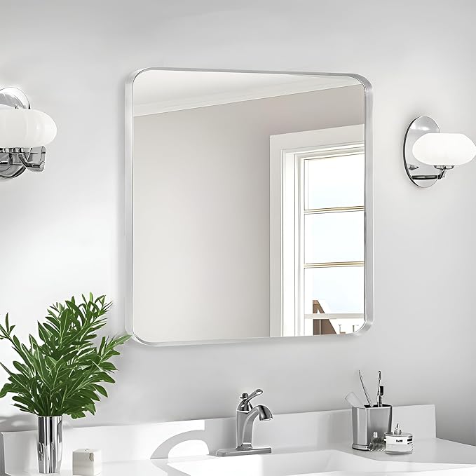 Wall Mount Mirror for Bathroom, Brush Silver Metal Framed Rounded Corner Square - Image 2