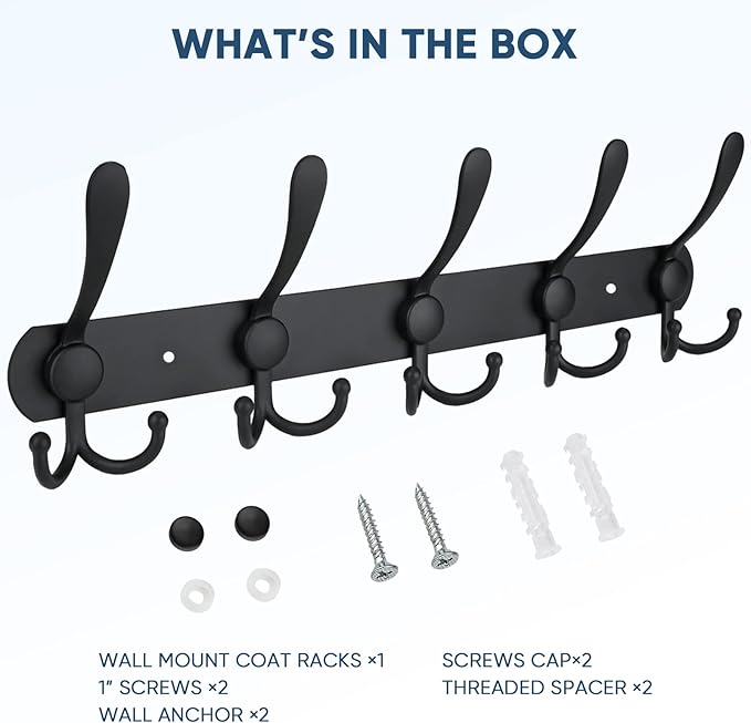 TICONN Wall Mounted Coat Rack, Five Heavy Duty Tri Hooks All Metal Construction - Image 5