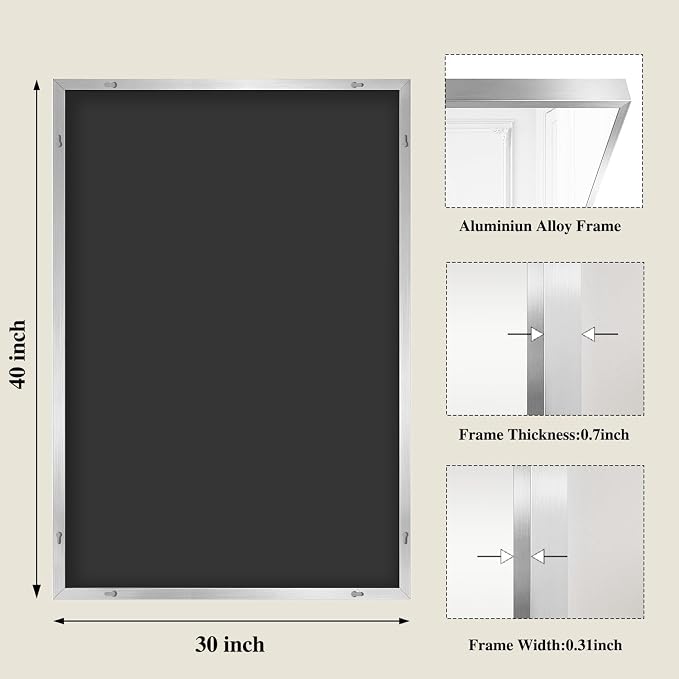 Koonmi Silver Rectangle Wall Mirror, 30x40 Inch Bathroom Mirror, Aluminum Frame - Image 2