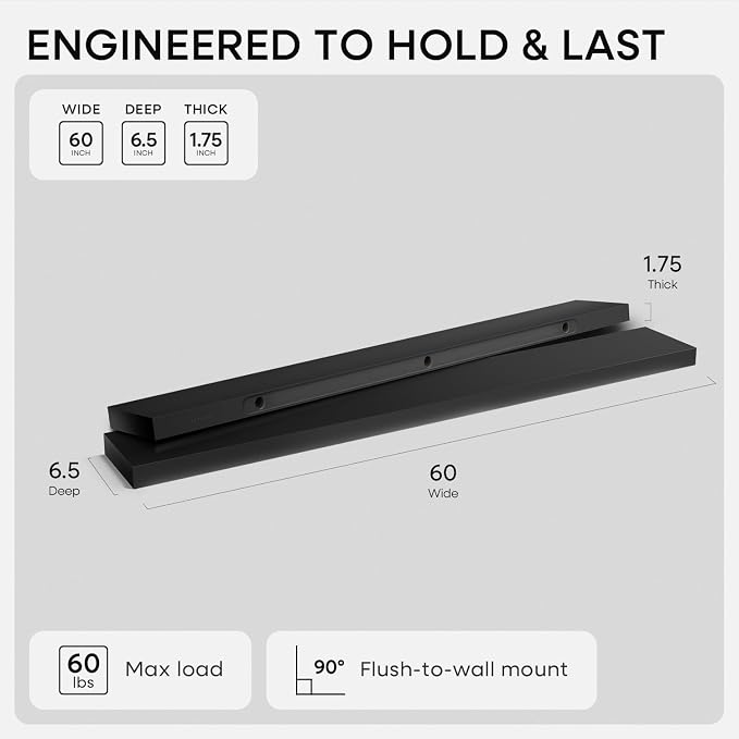 Homeforia Floating Black Shelf 60 inch, High End Solid Real Wood 60 inches Long - Image 2