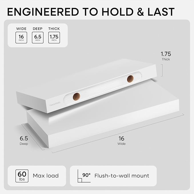 Homeforia White Floating Shelves 16 inch, High End Solid Real Wood 16inch - Image 2