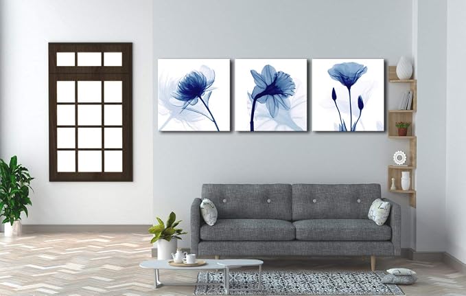 Wieco Art Blue Flowers 3 Panels Canvas Print Wall Art Modern Pictures Artwork - Image 2