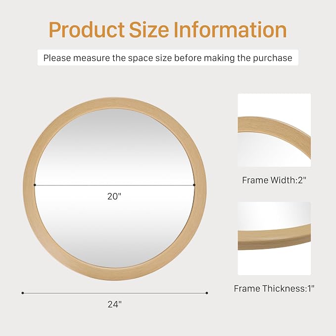 CULER Round Mirrors 24 Inch, Wood Vanity Wall Rustic Mirror, Natural Circle - Image 7