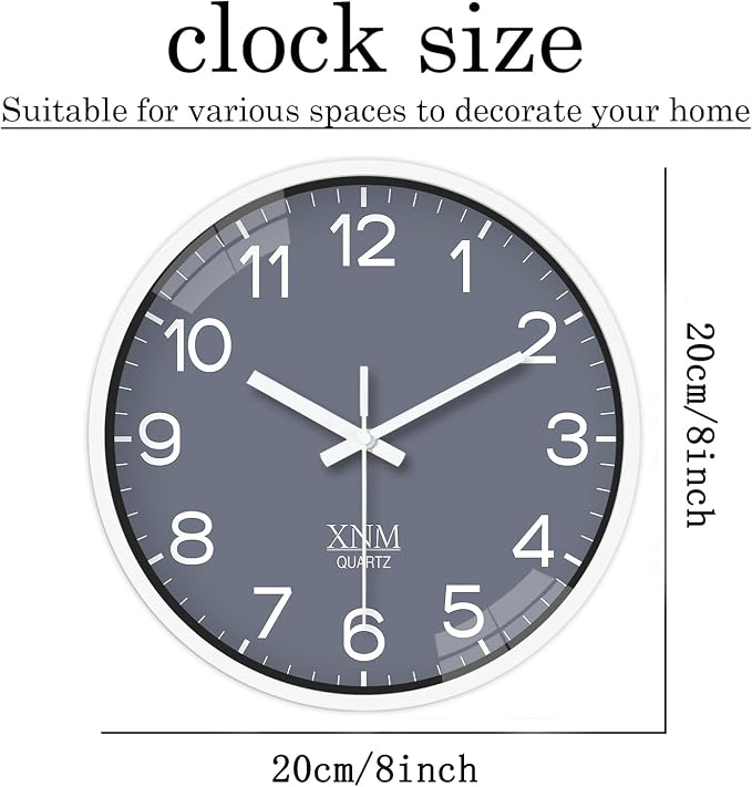 XNM Small Grey Minimalist Wall Clocks Battery Operated 8 Inch Classic Analog - Image 5