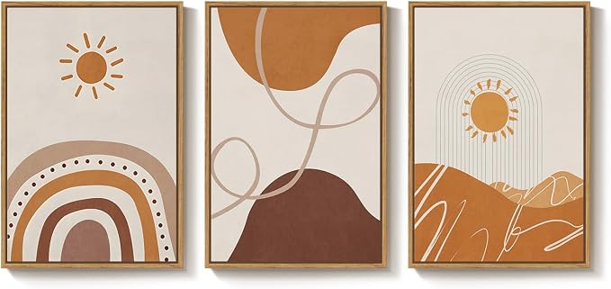 Framed Neutral Abstract Boho Wall Art Bedroom, 3 Piece Terracotta Beige - Image 9