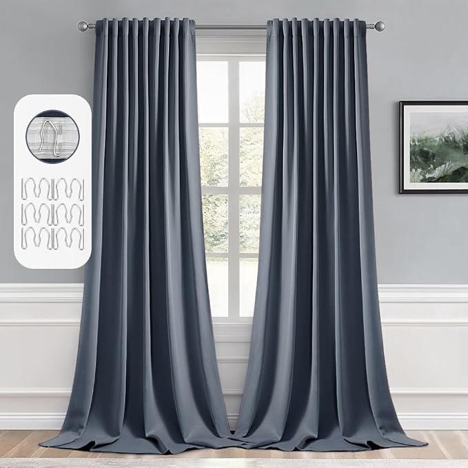 MIULEE Stone Blue Back Tab Blackout Curtain 96 Inch Long 2 Panels Set by MIULEE