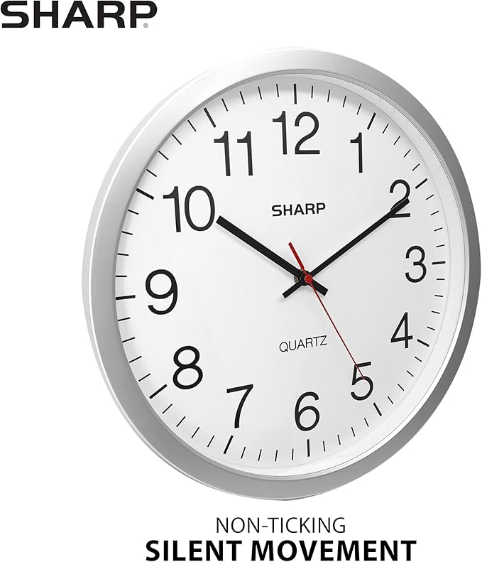 Sharp Wall Clock – Silver, Silent Non Ticking 14 Inch Quality Quartz Battery - Image 2