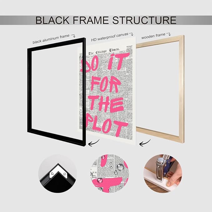 Pink Do It For The Plot Quote Poster, Vintage Black White Newspaper Canvas Wall - Image 3