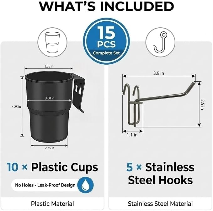 Kaforise15-Piece Wire Grid Panel Accessories Set, 10 Black Hanging Cups and 5 - Image 2