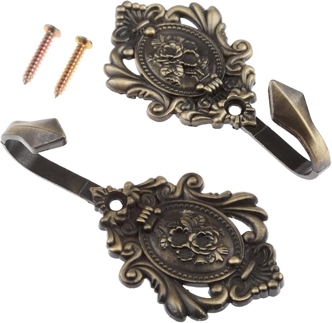 4Pcs Curtain Tiebacks Hook Vintage Bronze Rose Pattern Carved Wall Hooks Key - Image 2