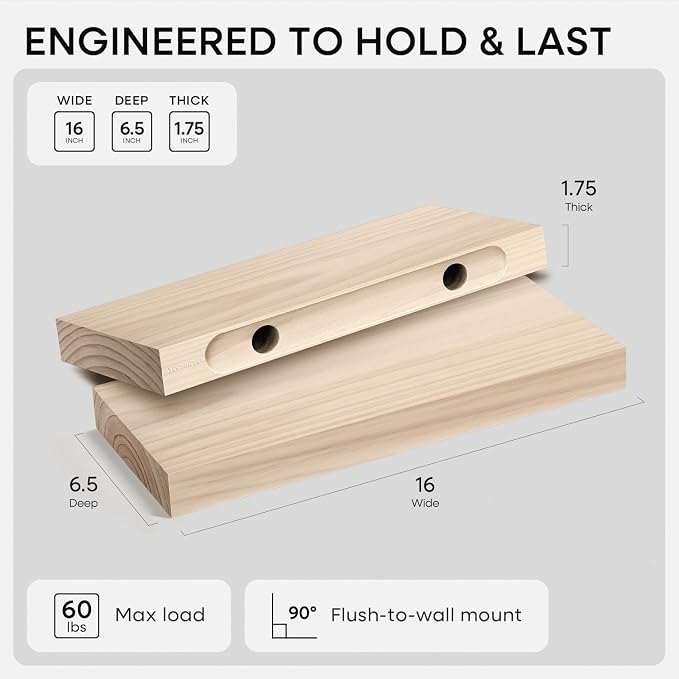 Homeforia Wood Floating Shelf 16 inch, High End Solid Natural Wood 16inch - Image 2