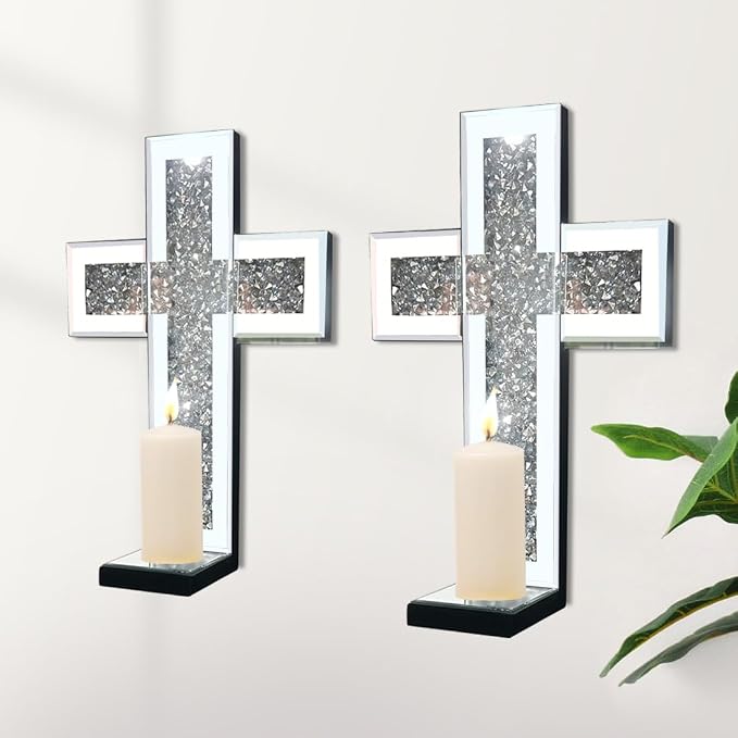 Aeveco Crystal Crush Diamond Mirrored Candle Sconces, Wall Decoration - Image 6