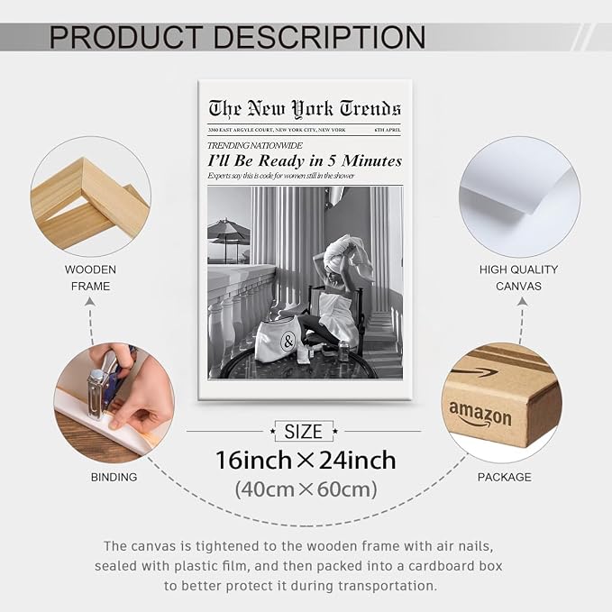 Vintage Newspaper Framed Wall Art Trendy Black and White Aesthetic Posters - Image 2