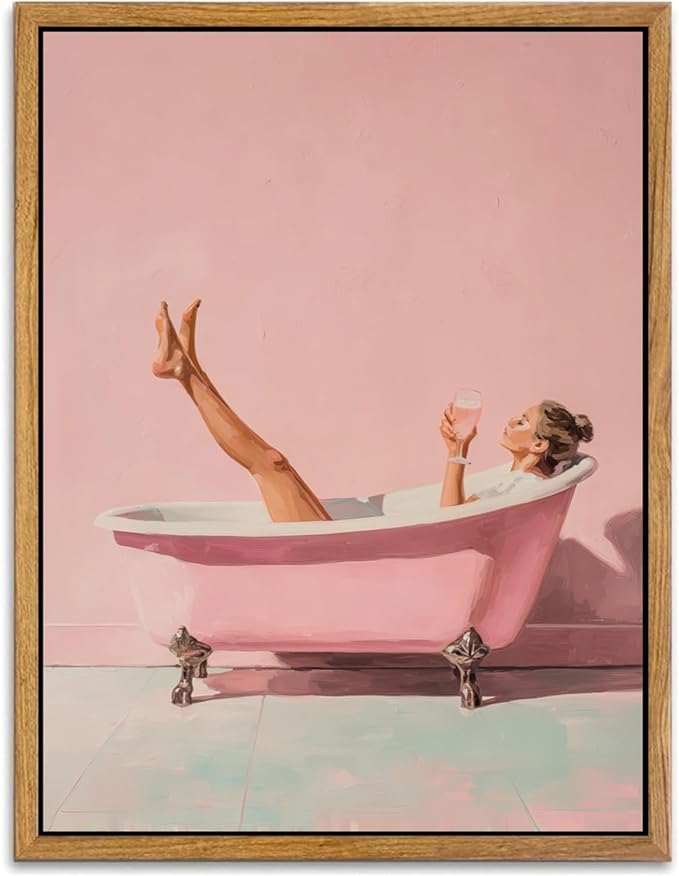 AtterrirArt Framed Pink Bathroom Wall Art, 12 * 16inch, Minimalist Bathtub by AtterrirArt