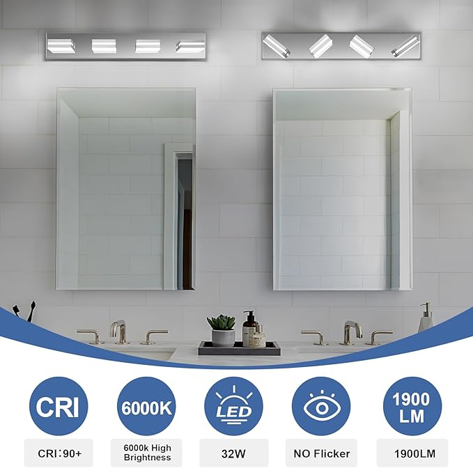Modern LED Bathroom Lights Fixtures 4-Light, Stainless Steel Chrome Acrylic - Image 5