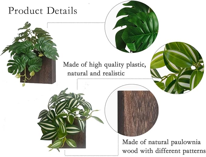 Wood Wall Planter Vase with Artificial Plants Wall Decor, Small Wall Plant - Image 3