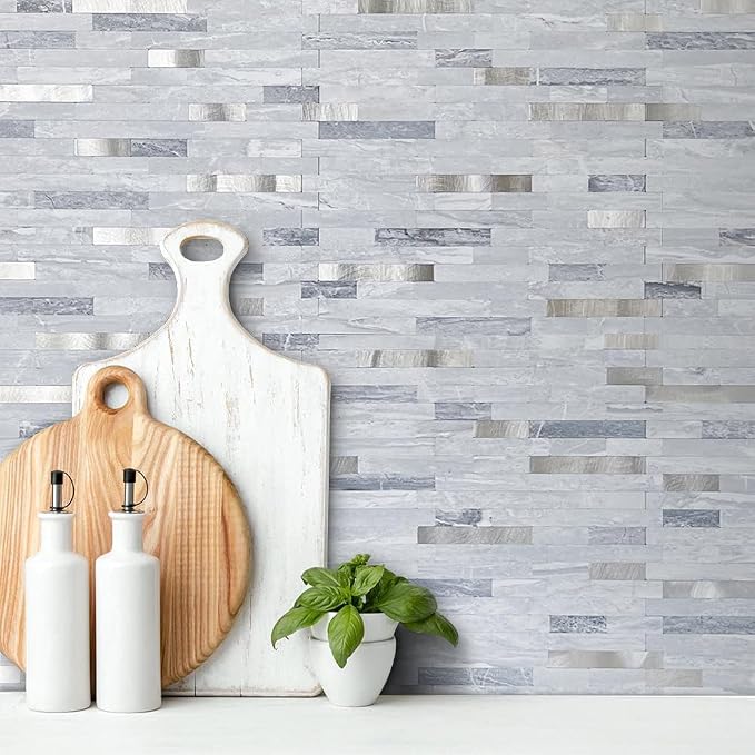 AULIGET 20 Sheets Faux Stone Peel and Stick Backsplash, Light Grey Marble Look - Image 2